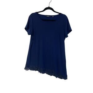 Dennis Basso Caviar Crepe Bateau Neck Top Lace Hem Navy Blue Women's Size Medium